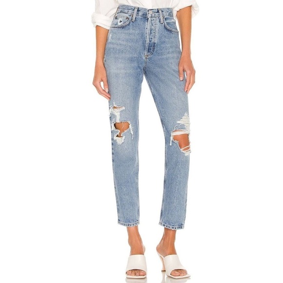 NWT Agolde Fen High Rise Button Fly Relaxed Tapered Distressed Blue Jeans 32 - Picture 1 of 16